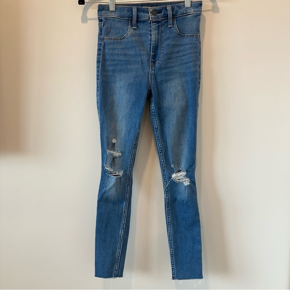 Abercrombie Skinny Jeans Distressed Frayed Raw Hem Blue Denim High Rise Size 26